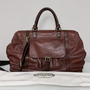 Fossil Mens Estate Brown/cognac Leather Weekender Travel Framed Duffle Bag
